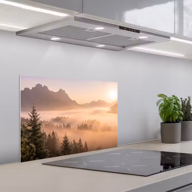 Zonlicht - Mist - Bergen - Bomen keuken achterwand spatscherm klein -3d_schuin
