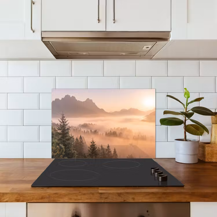 Zonlicht - Mist - Bergen - Bomen keuken achterwand spatscherm klein -sfeer2