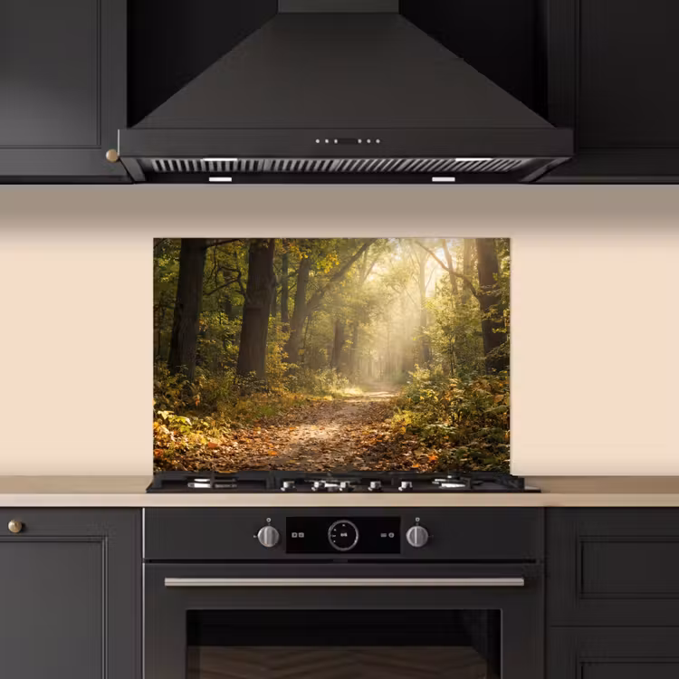 Zonlicht - Bospad - Bomen keuken achterwand spatscherm klein -sfeer1