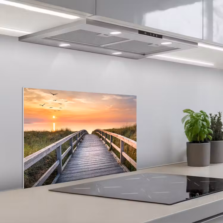 Zonsonderang - Zee - Pad - Gras - Duin - Vogels keuken achterwand spatscherm klein -3d_schuin
