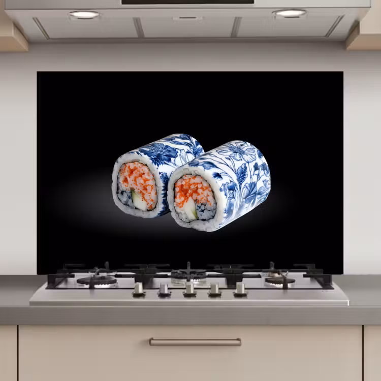Sushi - Delfts blauw - Rijst - Vis - Elegant keuken achterwand spatscherm klein -3d_website