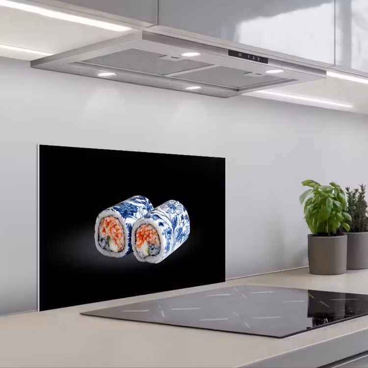 Sushi - Delfts blauw - Rijst - Vis - Elegant keuken achterwand spatscherm klein -3d_schuin