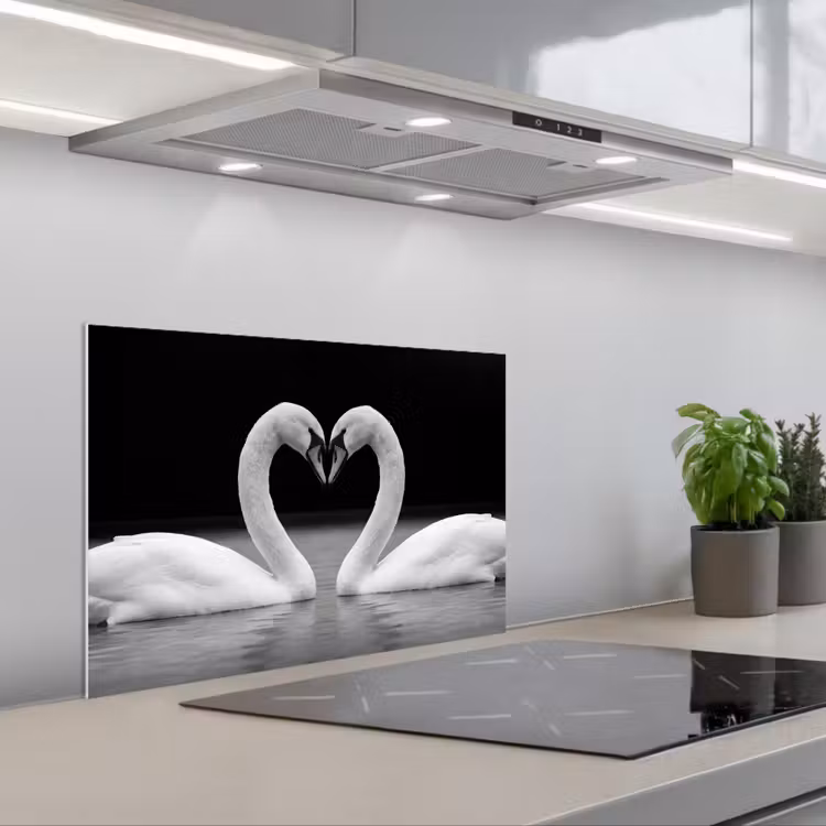 Zwanen - Hart - Zwart - Wit keuken achterwand spatscherm klein -3d_schuin