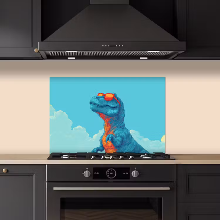 T-Rex - Blauw - Wolken - Zonnebril keuken achterwand spatscherm klein -sfeer1