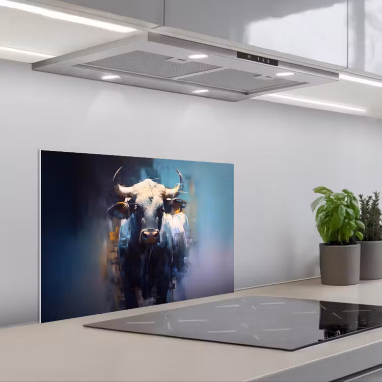 Stier - Zwart - Abstract - Horens keuken achterwand spatscherm klein -3d_schuin