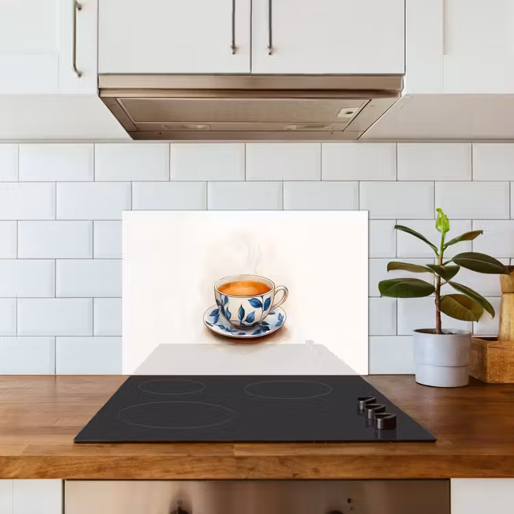 Theekop - Bladeren - Blauw keuken achterwand spatscherm klein -sfeer2