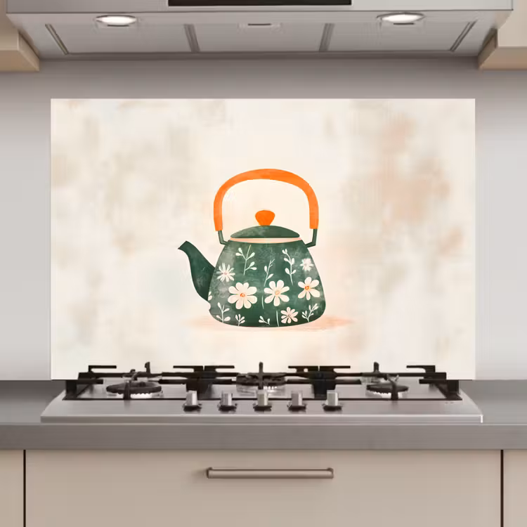 Theepot - Groen - Bloemen - Oranje keuken achterwand spatscherm klein -3d_website