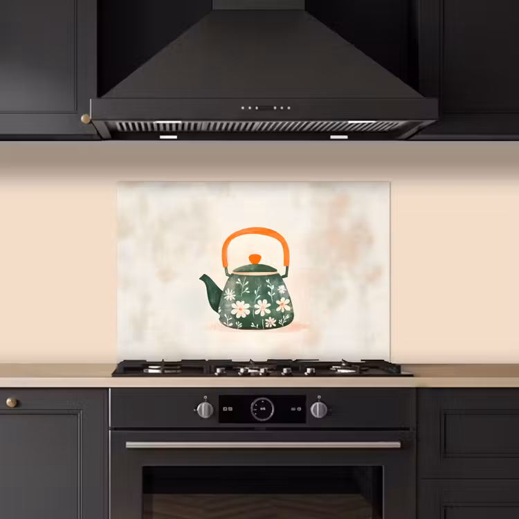 Theepot - Groen - Bloemen - Oranje keuken achterwand spatscherm klein -sfeer1