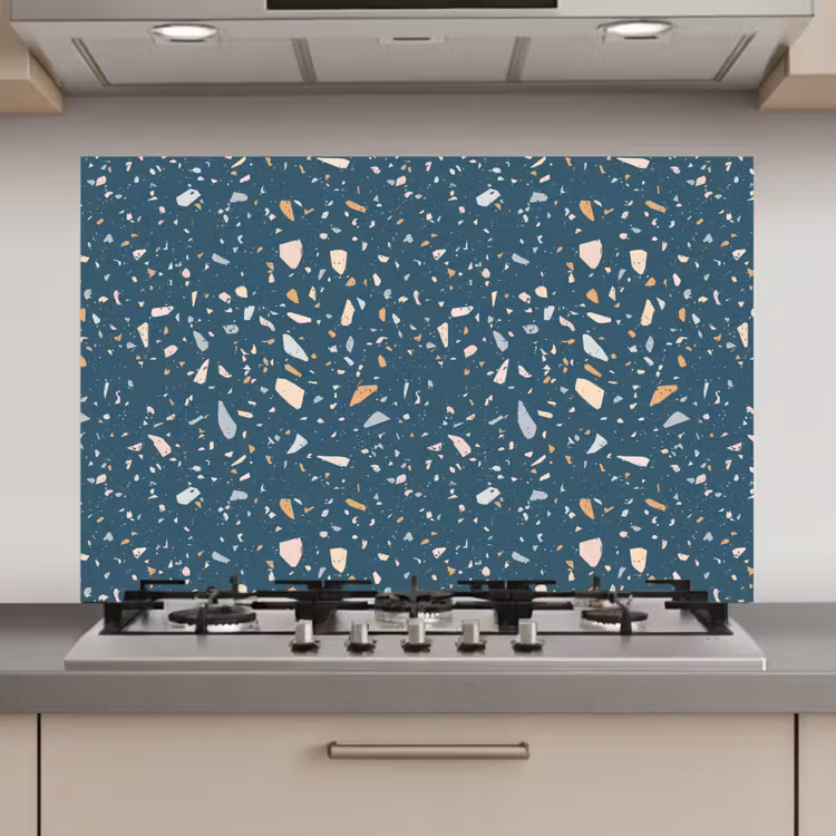 Terrazzo - Patroon - Kleurrijk - Diep blauw keuken achterwand spatscherm klein 900 -3d_website