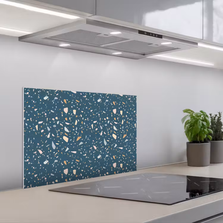 Terrazzo - Patroon - Kleurrijk - Diep blauw keuken achterwand spatscherm klein 900 -3d_schuin