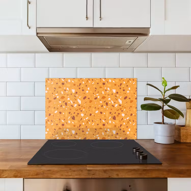 Terrazzo - Patroon - Okergeel keuken achterwand spatscherm klein 900 -sfeer2