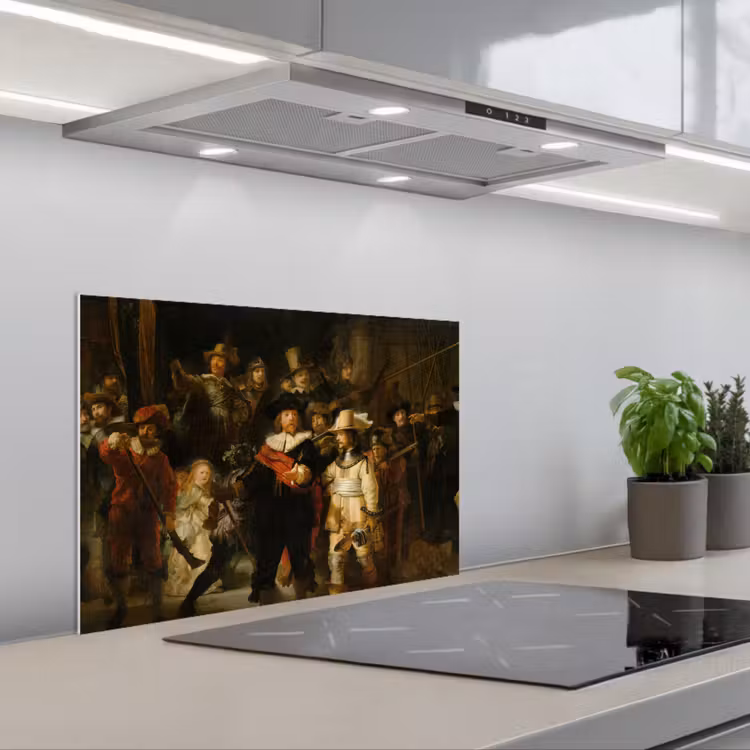 De Nachtwacht - Schilderij van Rembrandt van Rijn keuken achterwand spatscherm klein -3d_schuin