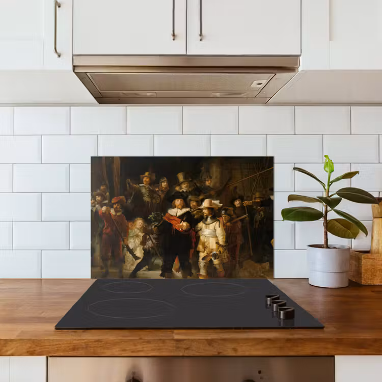 De Nachtwacht - Schilderij van Rembrandt van Rijn keuken achterwand spatscherm klein -sfeer2
