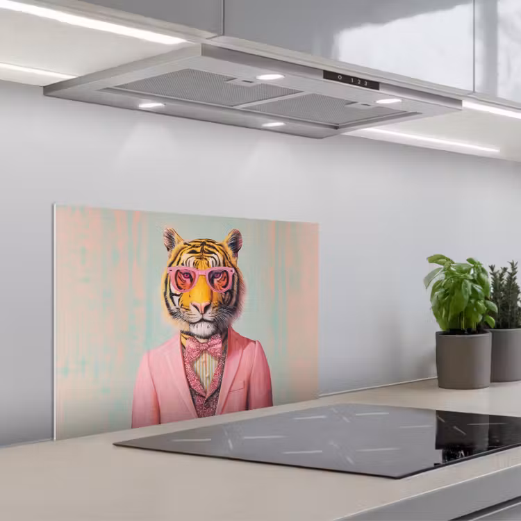 Tijger - Strik - Jasje - Roze keuken achterwand spatscherm klein -3d_schuin