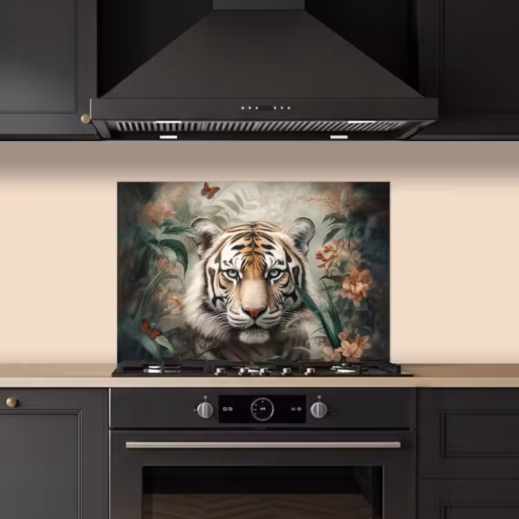 Tijger - Vlinders - Dieren - Jungle - Bloemen keuken achterwand spatscherm klein -sfeer1