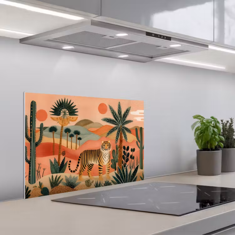 Tijger - Palmen - Cactus - Oranje keuken achterwand spatscherm klein -3d_schuin