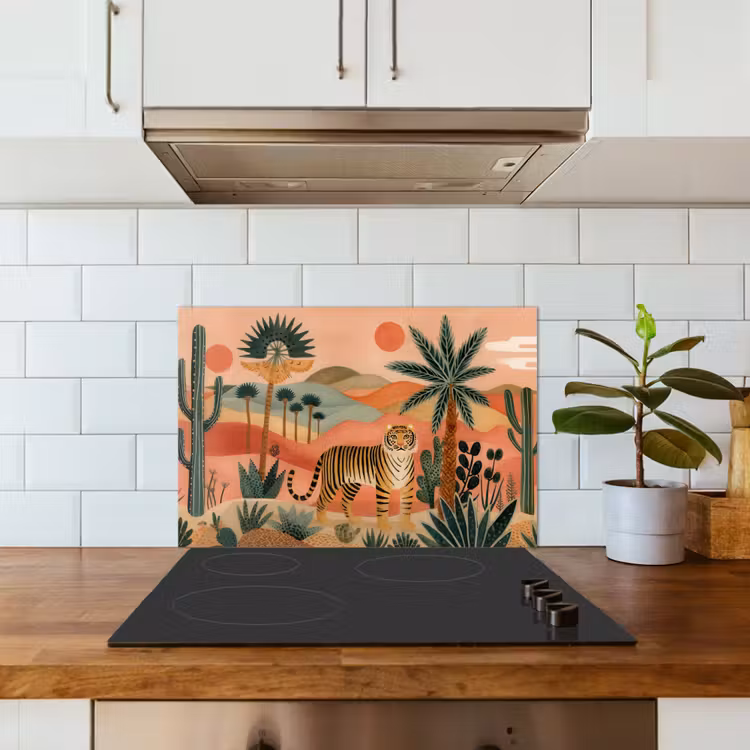 Tijger - Palmen - Cactus - Oranje keuken achterwand spatscherm klein -sfeer2