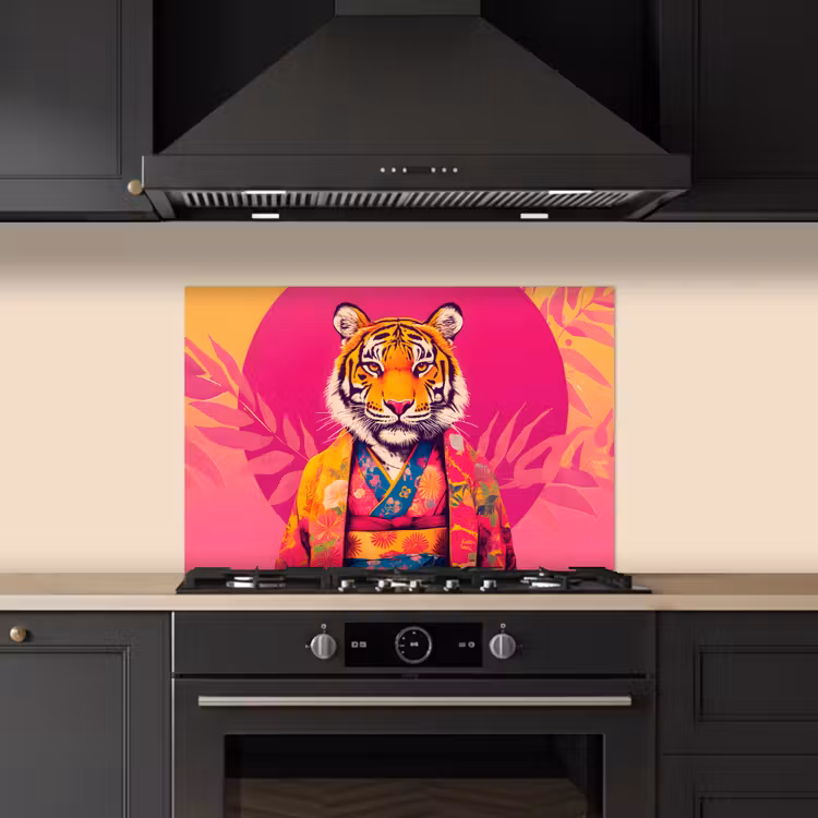 Tijger - Kimono - Planten - Roze keuken achterwand spatscherm klein -sfeer1