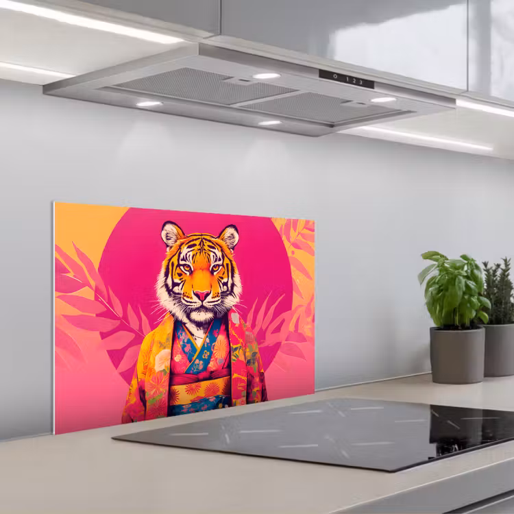 Tijger - Kimono - Planten - Roze keuken achterwand spatscherm klein -3d_schuin