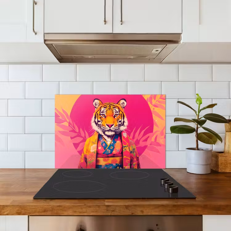 Tijger - Kimono - Planten - Roze keuken achterwand spatscherm klein -sfeer2