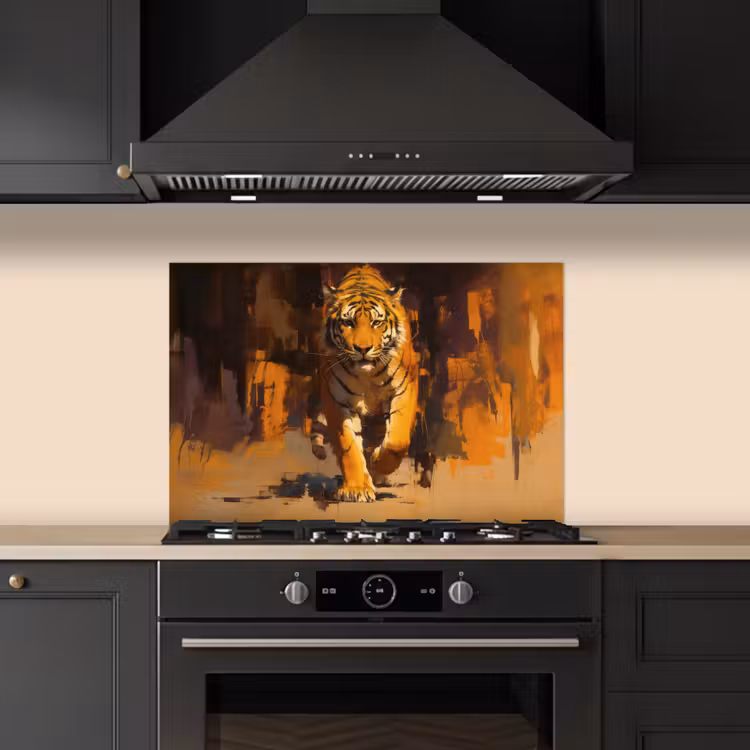 Tijger - Geschilderd - Oranje - Penseelstreken keuken achterwand spatscherm klein -sfeer1