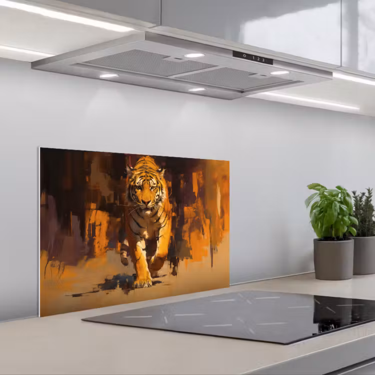 Tijger - Geschilderd - Oranje - Penseelstreken keuken achterwand spatscherm klein -3d_schuin