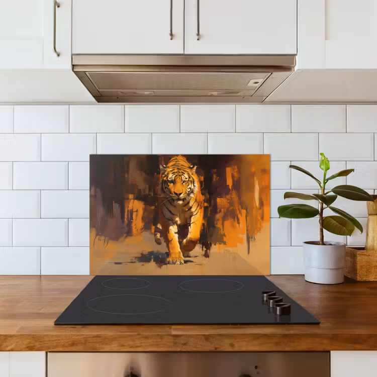 Tijger - Geschilderd - Oranje - Penseelstreken keuken achterwand spatscherm klein -sfeer2