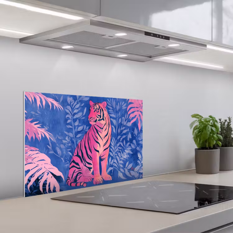 Tijger - Roze - Bladeren - Jungle keuken achterwand spatscherm klein -3d_schuin