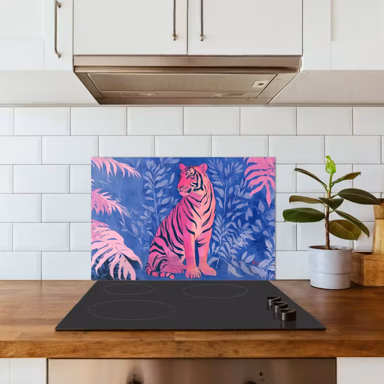 Tijger - Roze - Bladeren - Jungle keuken achterwand spatscherm klein -sfeer2