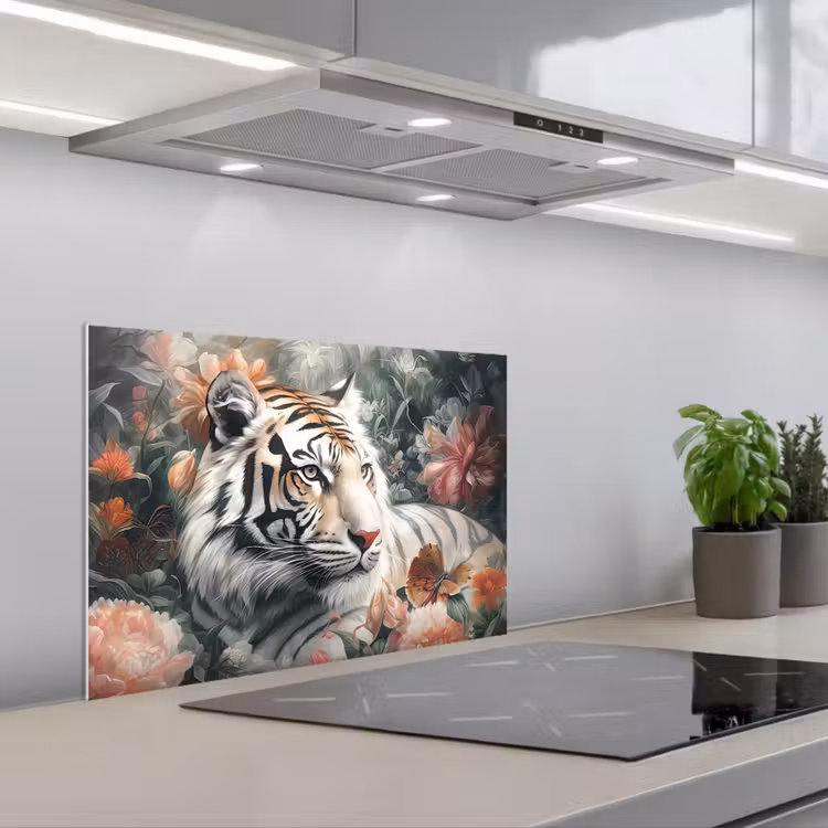 Tijger - Wilde dieren - Bloemen - Jungle keuken achterwand spatscherm klein -3d_schuin