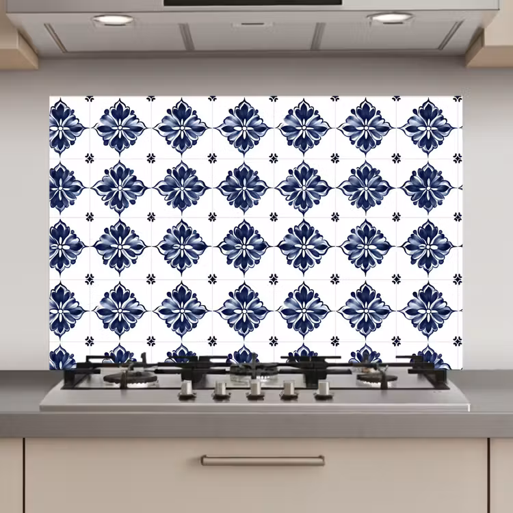 Tegelmotief - Blauw - Wit - Bloem keuken achterwand spatscherm klein 900 -3d_website