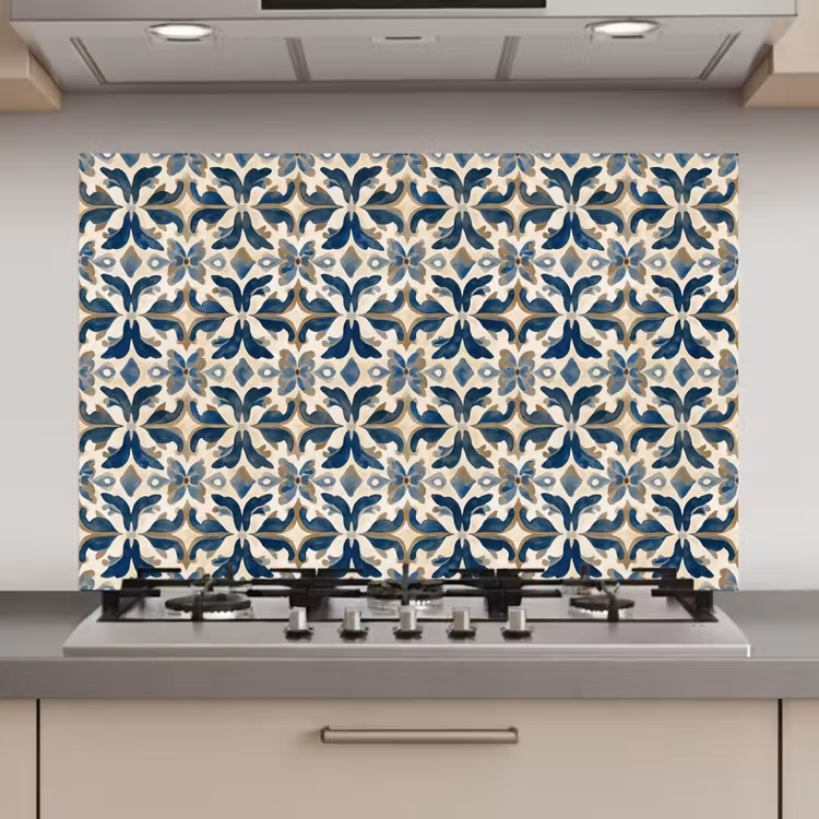 Tegel - Patroon - Blauw - Beige keuken achterwand spatscherm klein 900 -3d_website