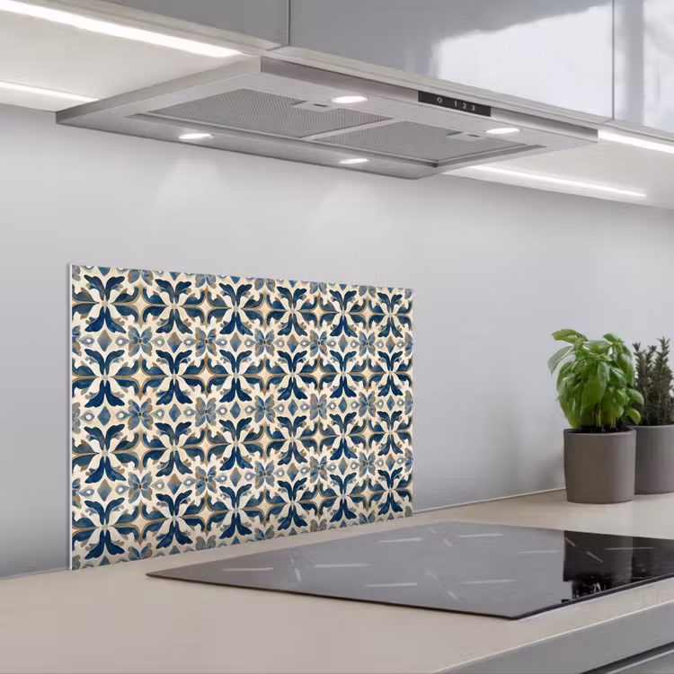 Tegel - Patroon - Blauw - Beige keuken achterwand spatscherm klein 900 -3d_schuin