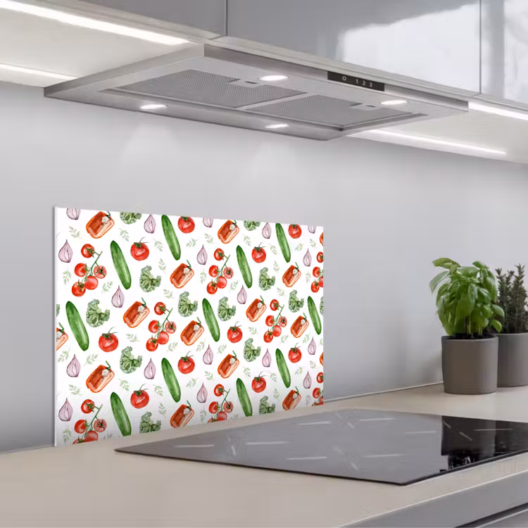 Tomaat - Paprika - Komkommer - Patroon keuken achterwand spatscherm klein 900 -3d_schuin