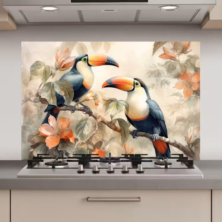 Toekan - Vogels - Bloemen - Tak keuken achterwand spatscherm klein -3d_website