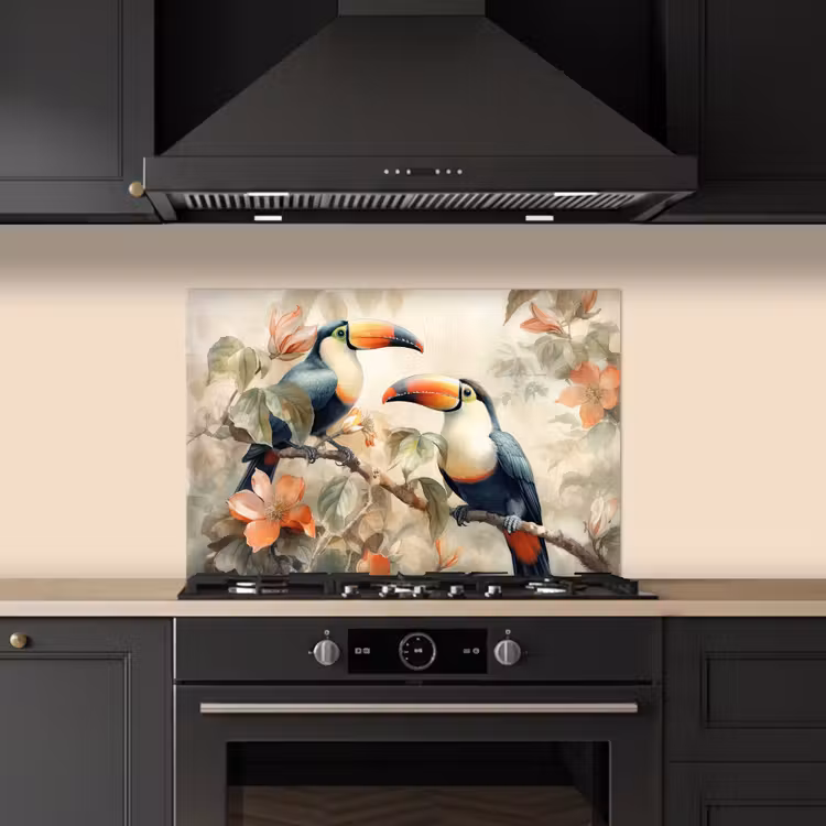 Toekan - Vogels - Bloemen - Tak keuken achterwand spatscherm klein -sfeer1