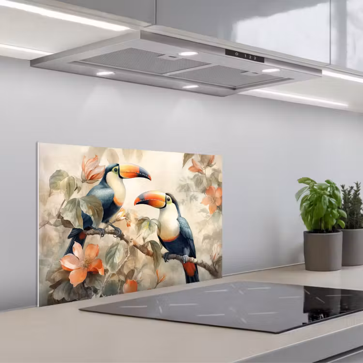 Toekan - Vogels - Bloemen - Tak keuken achterwand spatscherm klein -3d_schuin