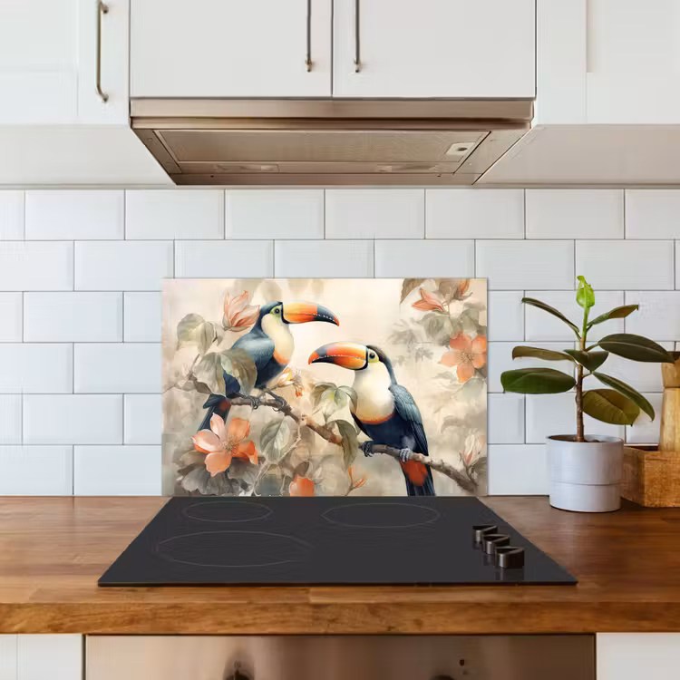 Toekan - Vogels - Bloemen - Tak keuken achterwand spatscherm klein -sfeer2