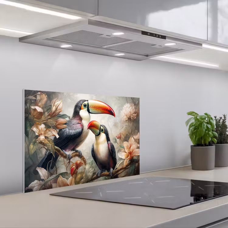 Toekan - Vogels - Bloemen - Jungle keuken achterwand spatscherm klein -3d_schuin
