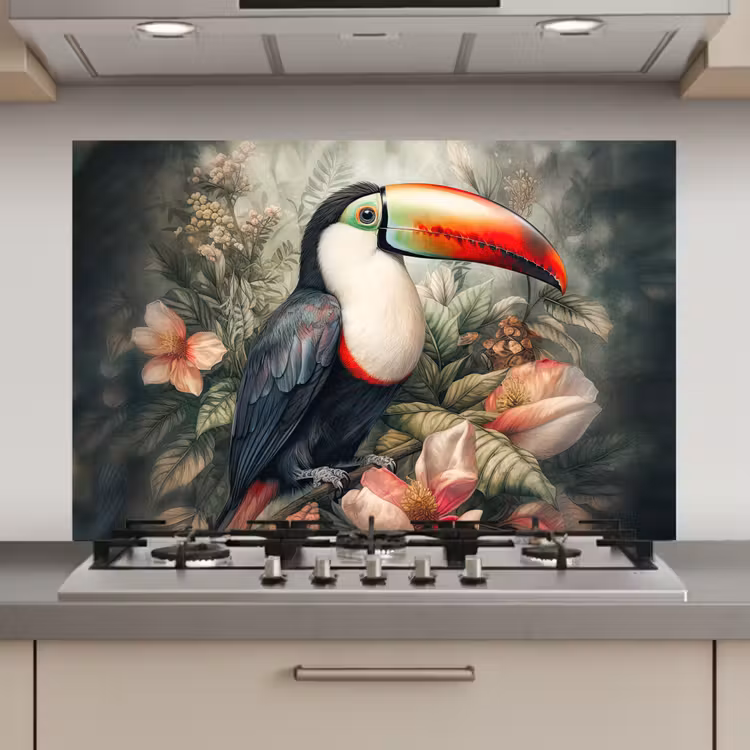 Toekan - Vogels - Bloemen - Planten - Tropisch keuken achterwand spatscherm klein -3d_website