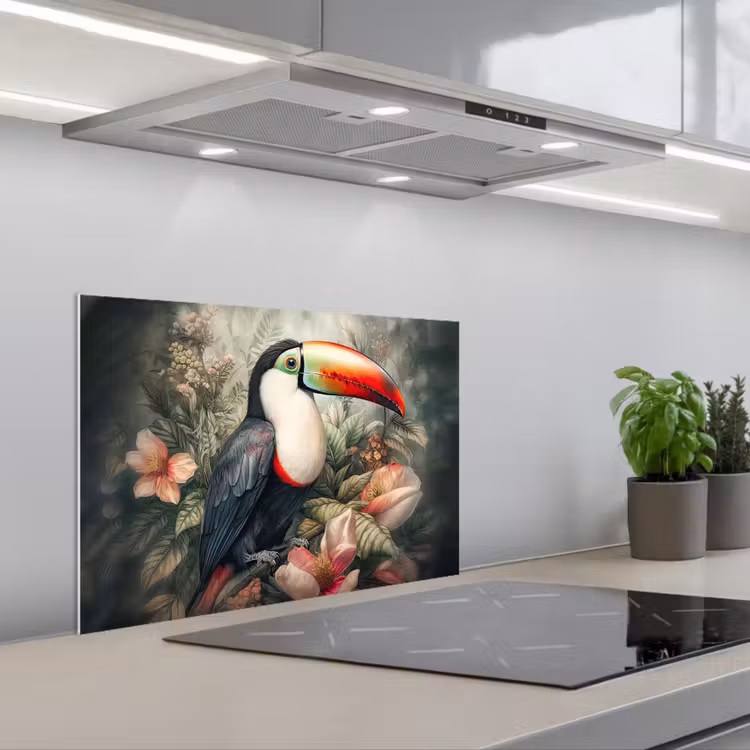 Toekan - Vogels - Bloemen - Planten - Tropisch keuken achterwand spatscherm klein -3d_schuin
