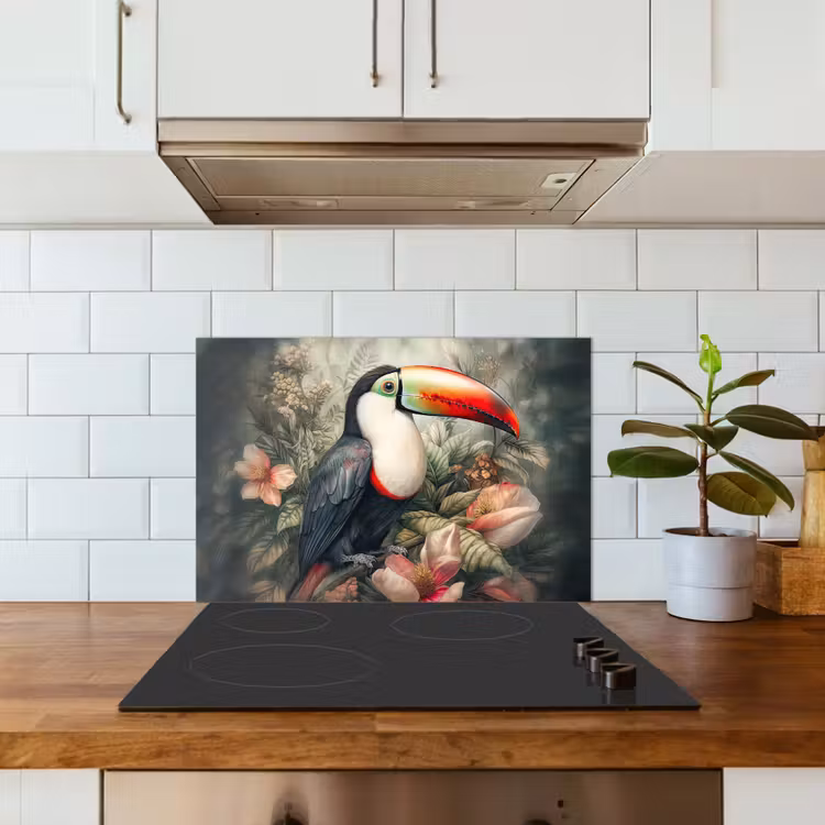 Toekan - Vogels - Bloemen - Planten - Tropisch keuken achterwand spatscherm klein -sfeer2
