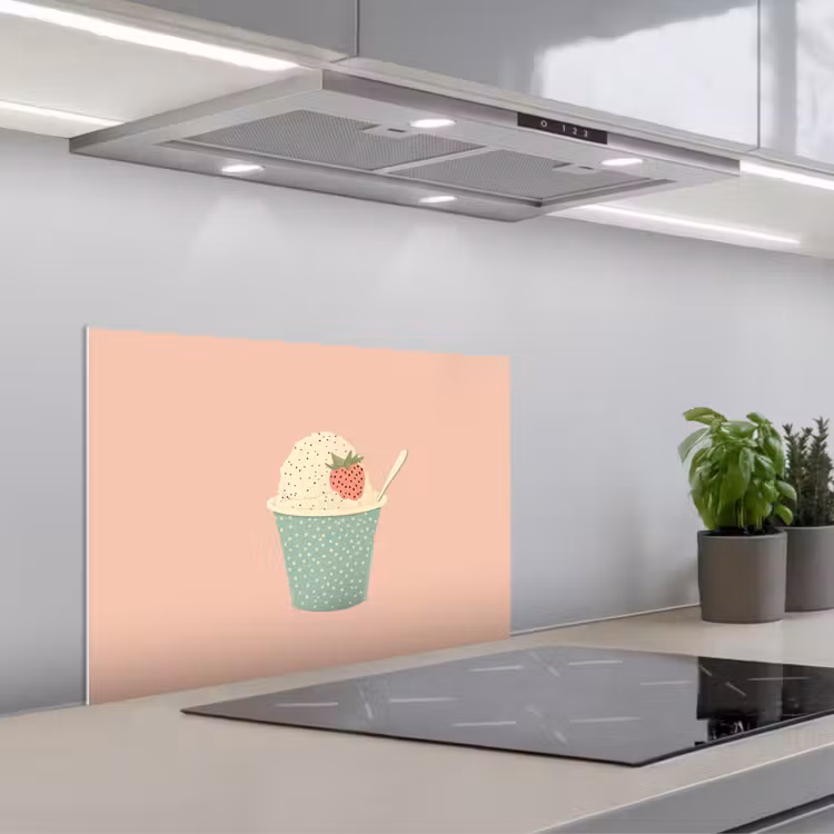 Bakje - Ijs - Aardbei - Roze keuken achterwand spatscherm klein -3d_schuin