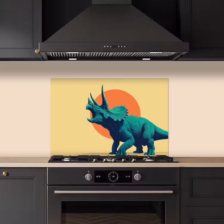 Triceratops - Cirkel - Oranje - Hoorns keuken achterwand spatscherm klein -sfeer1