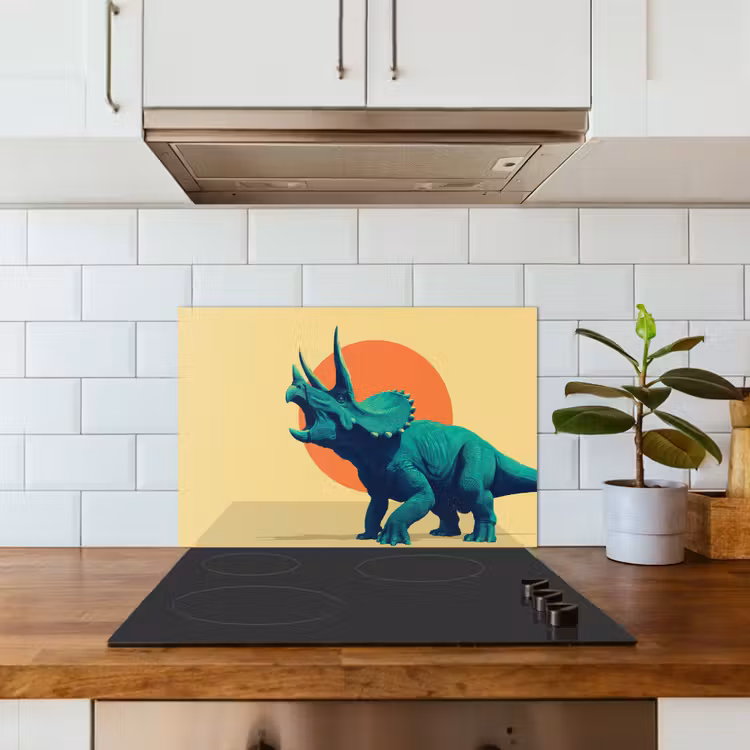 Triceratops - Cirkel - Oranje - Hoorns keuken achterwand spatscherm klein -sfeer2