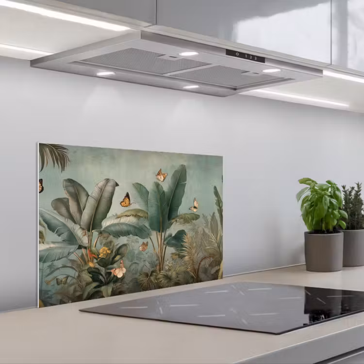 Tropisch bladerdek - Vlinders - groen - Bruin keuken achterwand spatscherm klein -3d_schuin