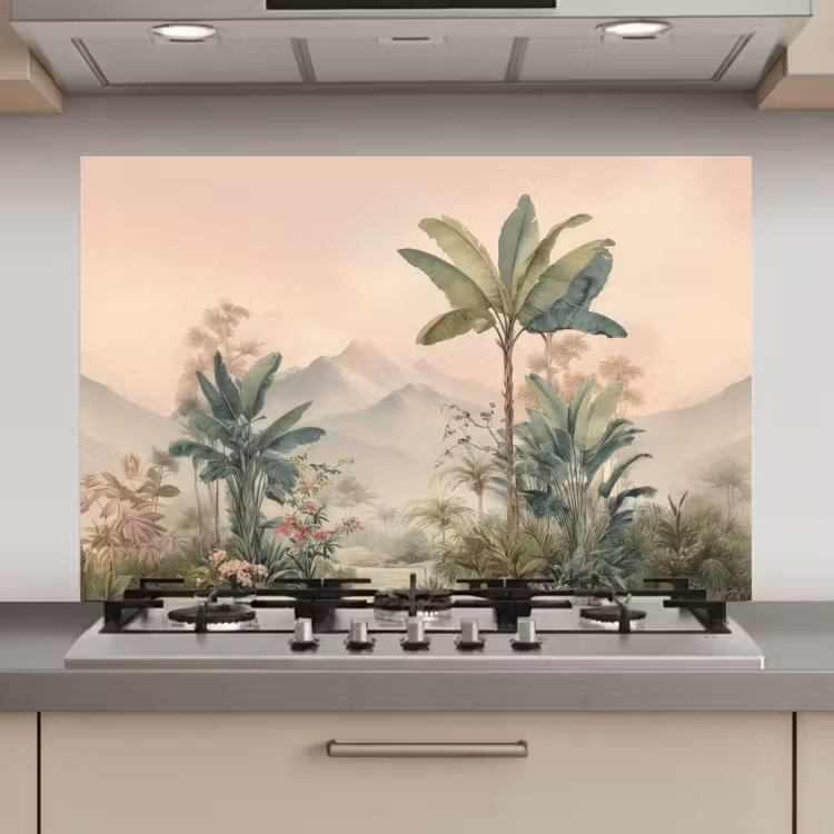 Tropisch landschap - palmbomen - Bloemen - Roze lucht keuken achterwand spatscherm klein -3d_website