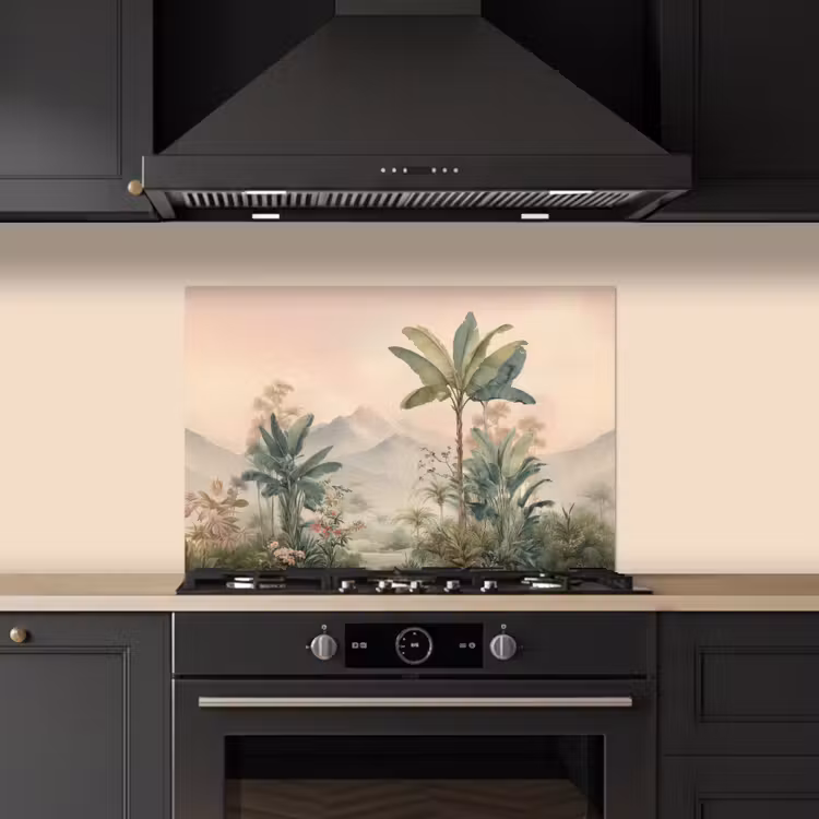 Tropisch landschap - palmbomen - Bloemen - Roze lucht keuken achterwand spatscherm klein -sfeer1