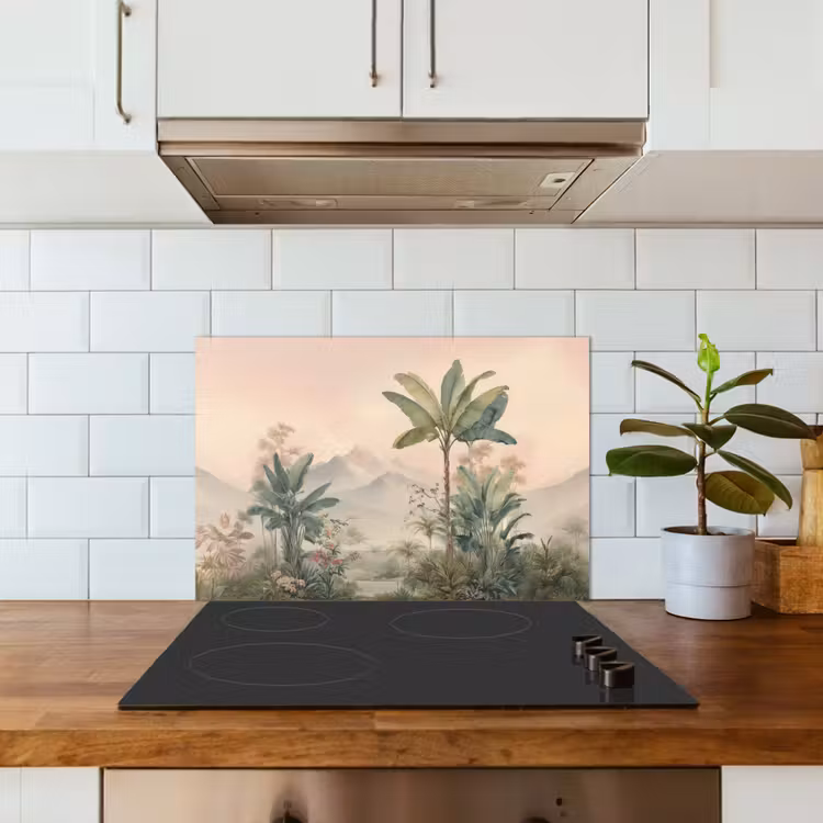 Tropisch landschap - palmbomen - Bloemen - Roze lucht keuken achterwand spatscherm klein -sfeer2