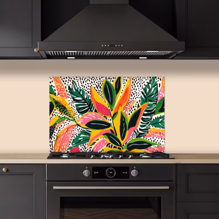 Tropisch - Bladeren - Zwart - wit keuken achterwand spatscherm klein -sfeer1